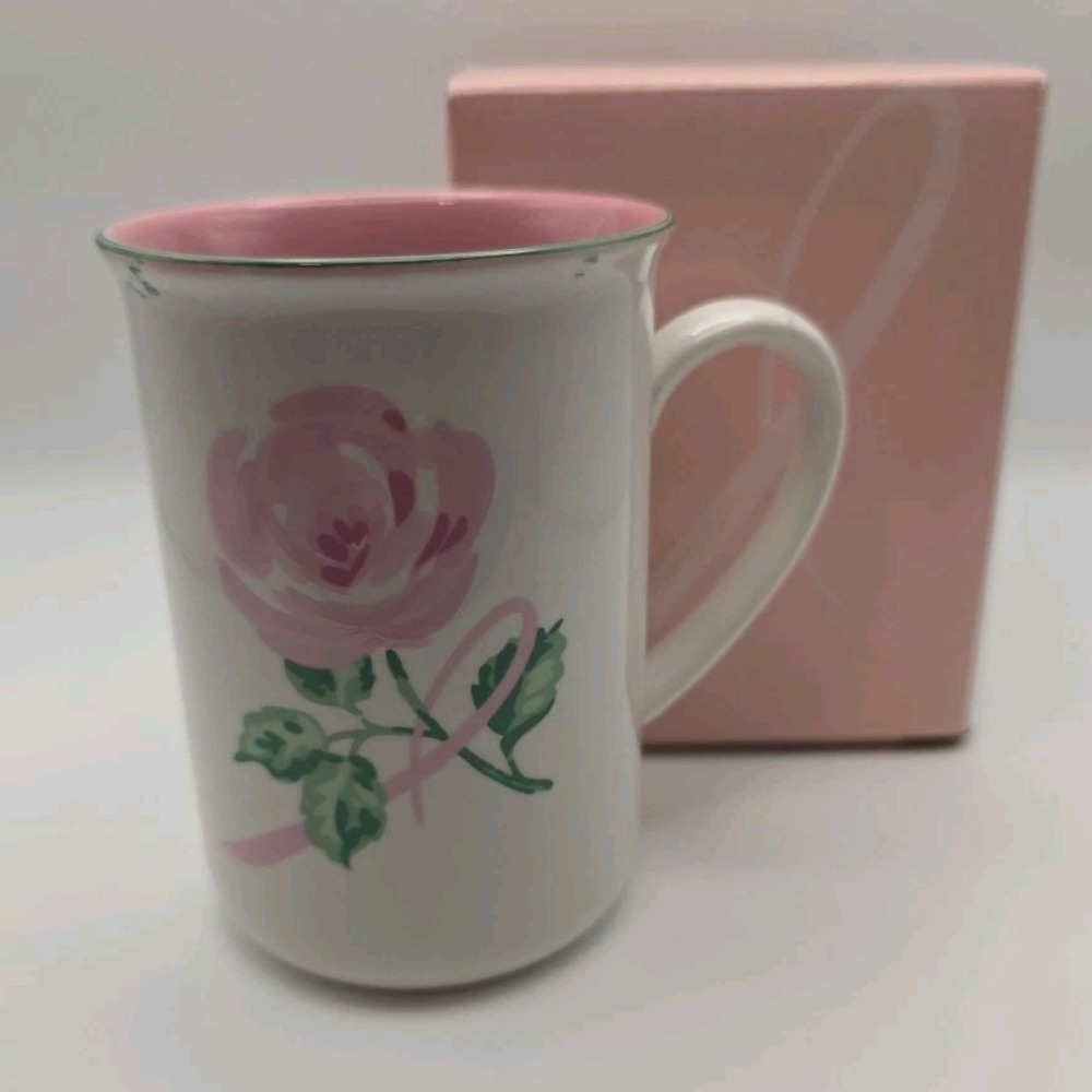 Vintage AVON Breast Cancer Awareness Crusade 10oz Mug Pink Ribbon & Rose NEW